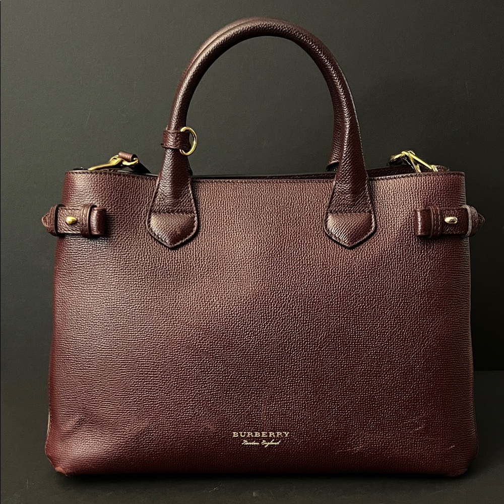 Burberry Banner House Check Maroon Leather Tote